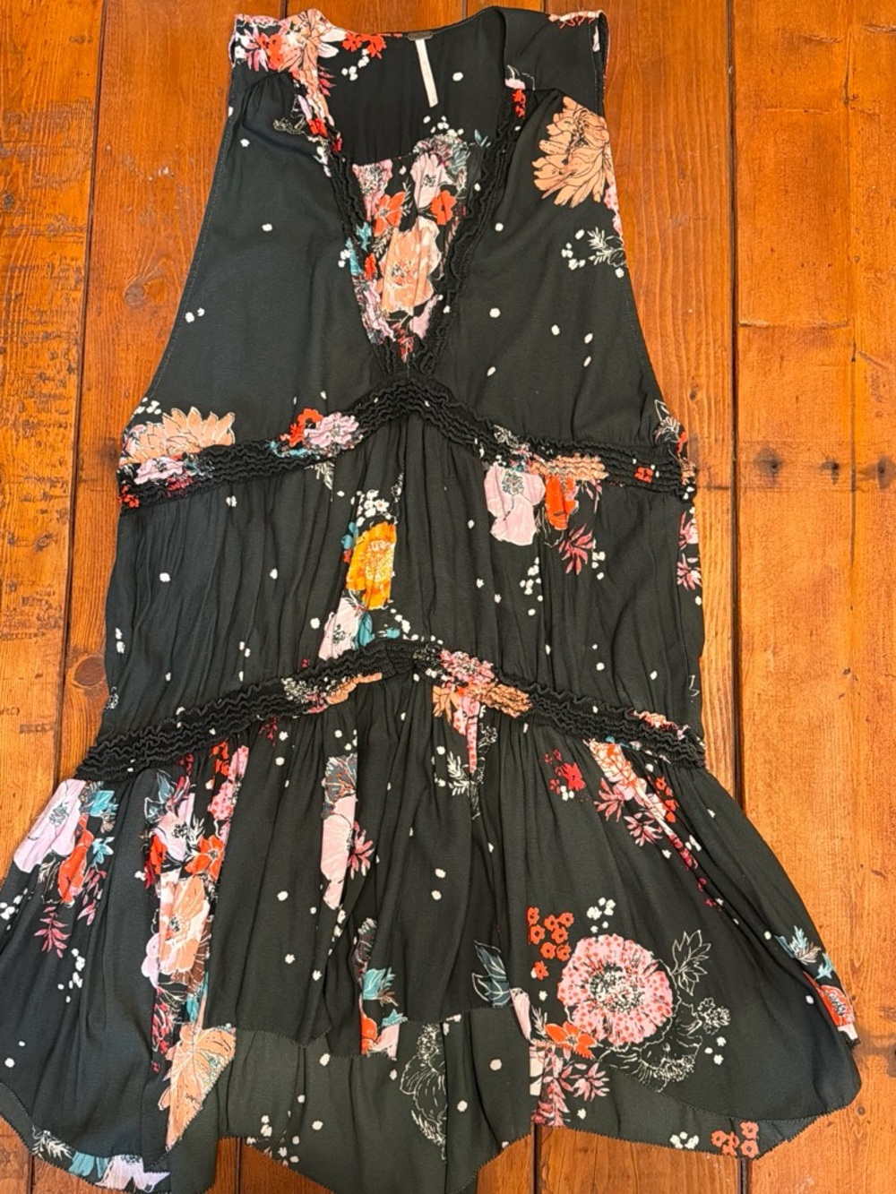 Free People Black Floral Top with Red and White Accents/sleeveless